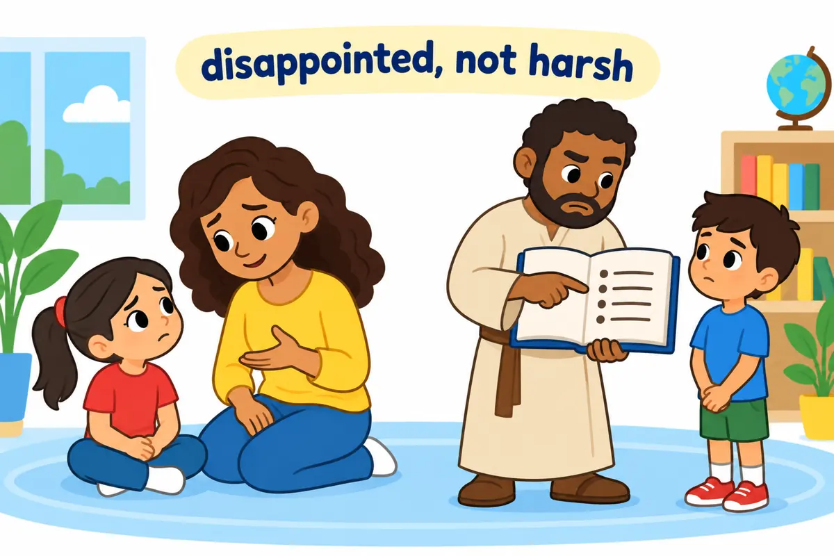 A cartoon single continuous scene contrasts a disappointed adult speaking quietly with a stern official pointing to a rulebook.