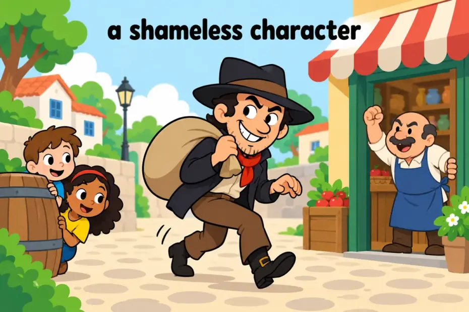 Cartoon children watch a sly grinning man in a hat leave a shop with an unpaid sack, showing reprobate in a sentence.