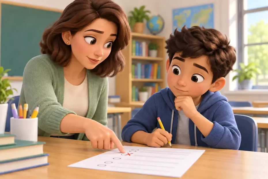 A teacher and student review a marked worksheet during a calm conversation.