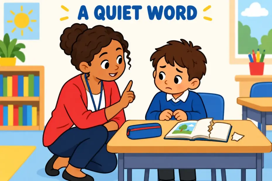 A cartoon teacher speaks calmly to a pupil about a torn library book, showing reprove in a sentence as gentle correction.