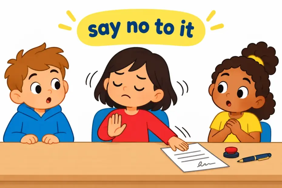A cartoon official pushes a signed document away across a desk, illustrating repudiate in a sentence as a firm refusal to accept.