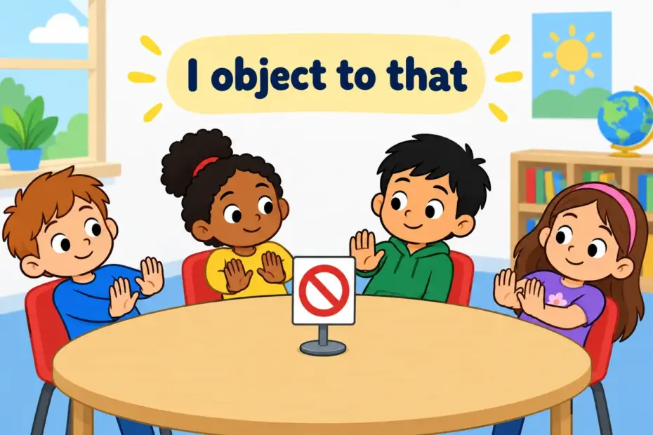 Cartoon children at a table turn away from a marked unfair rule card, showing repugnant in a sentence as strong moral disapproval.