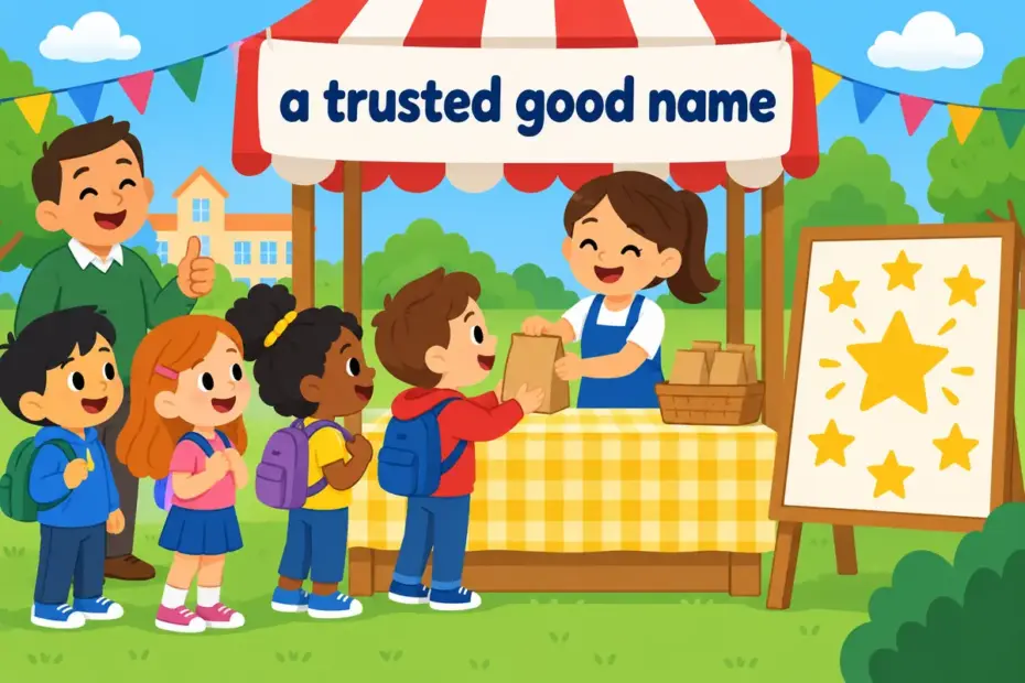 Cartoon pupils line up at a friendly stall that shows a wall of gold stars, illustrating reputable in a sentence as a trusted name.