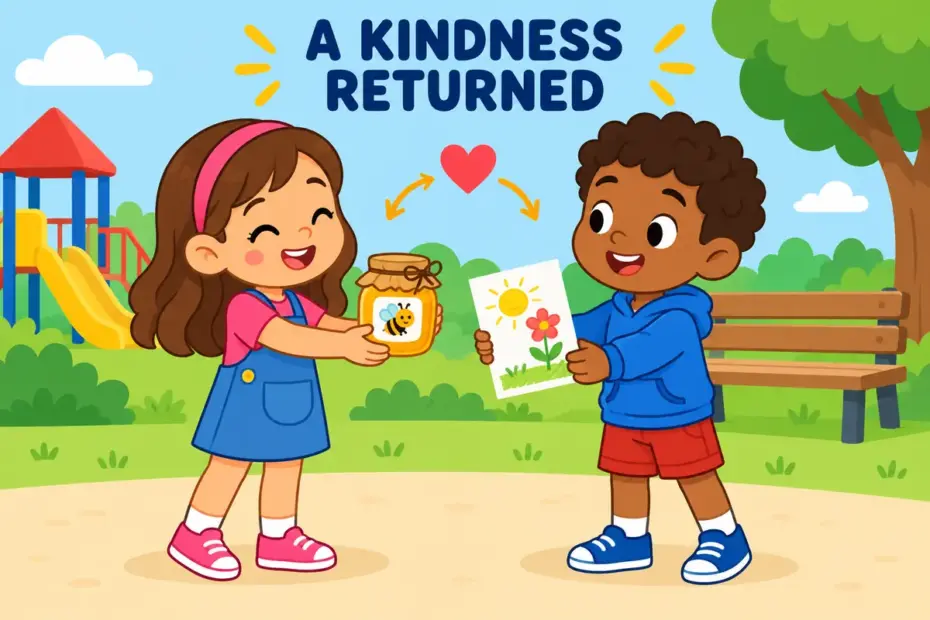 Two cartoon children exchange a jar of honey and a drawing, showing requite in a sentence as returning a kindness.