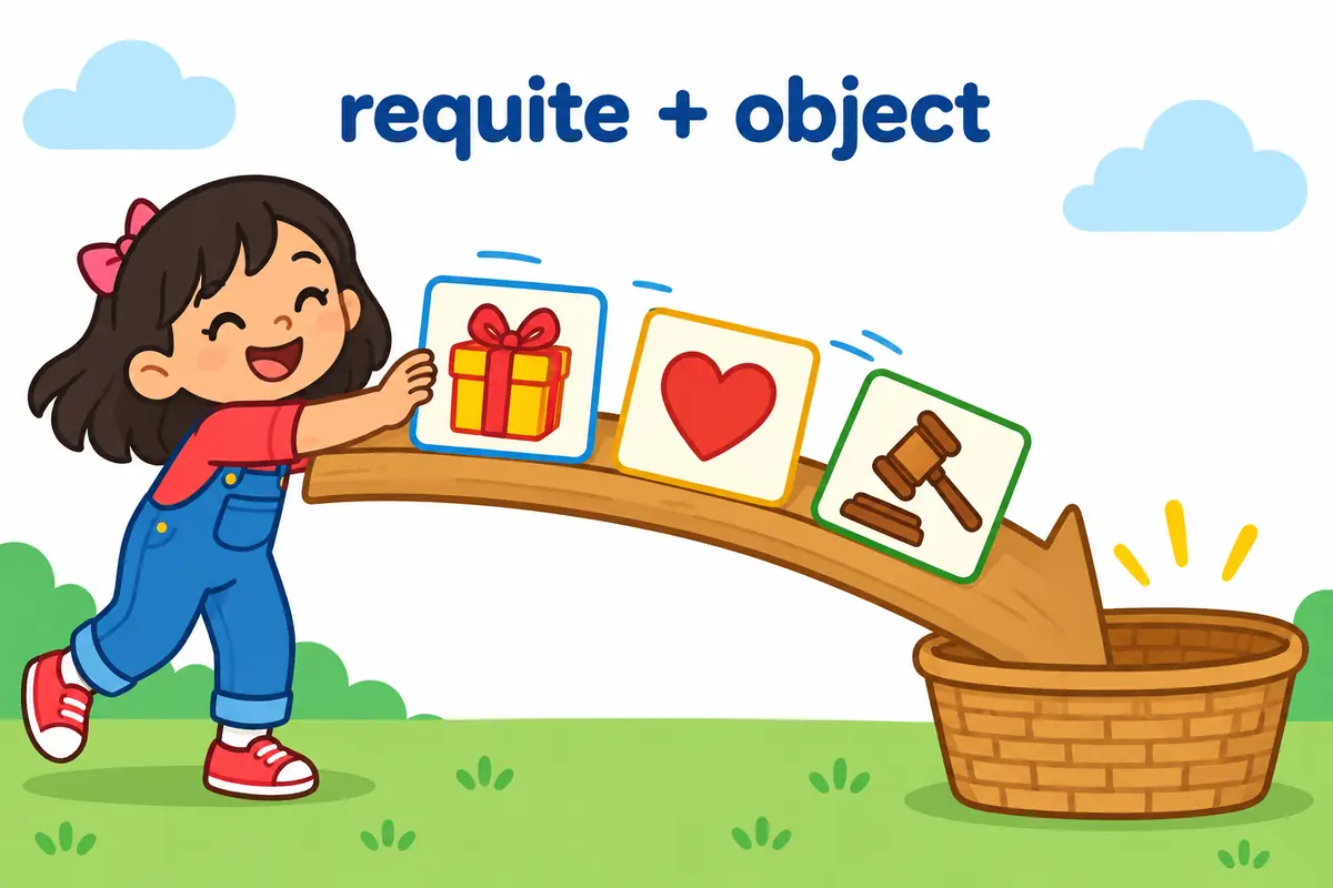 Three cartoon cards show a gift, a heart and a gavel passed back along a curved arrow after the verb requite.