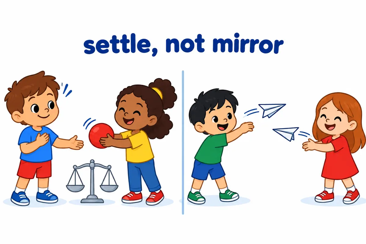 A cartoon split scene contrasts a child whose gift is returned with a child whose gift is calmly matched.
