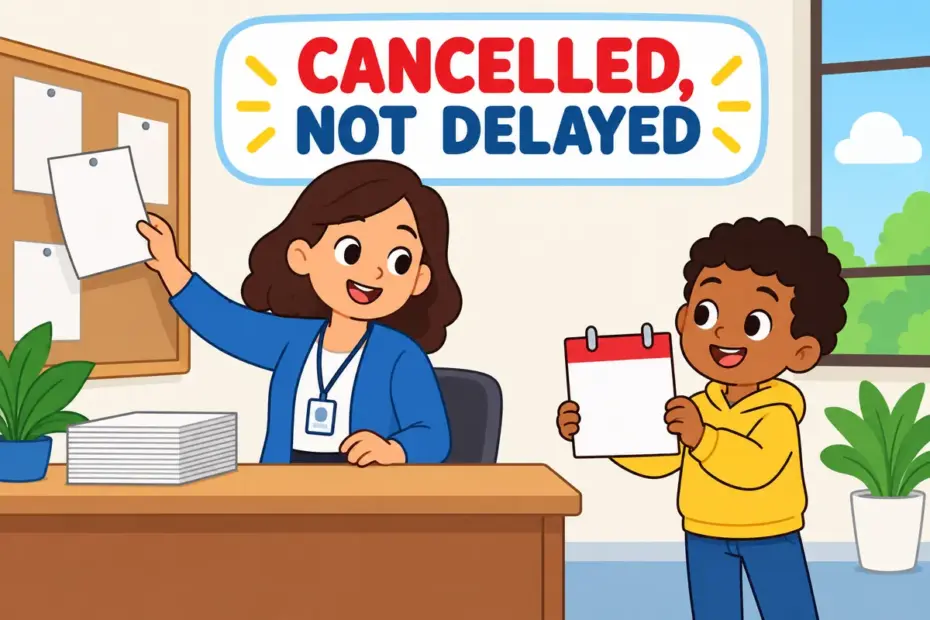 A clerk removes a blank official notice while a child holds an empty calendar, showing how to rescind ends an official decision.