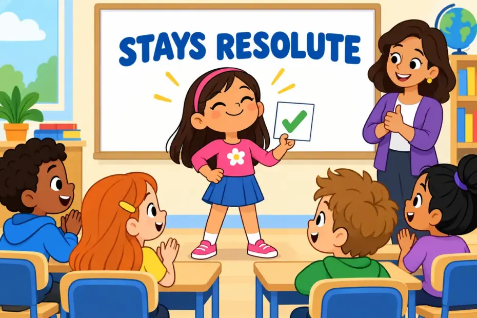 A cartoon girl stands resolute before her class holding a decision card, illustrating resolute in a sentence as firm purpose.