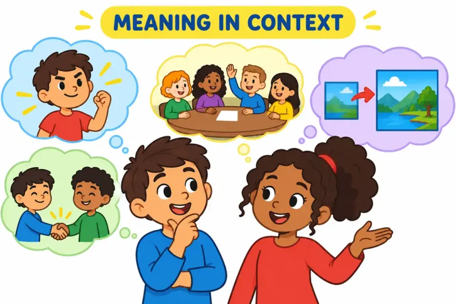 A cartoon scene shows resolution in a sentence through an everyday action that makes its meaning clear.