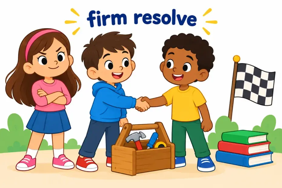 Cartoon children settle a tug-of-war over a toolbox and then stand firm, showing resolve in a sentence.