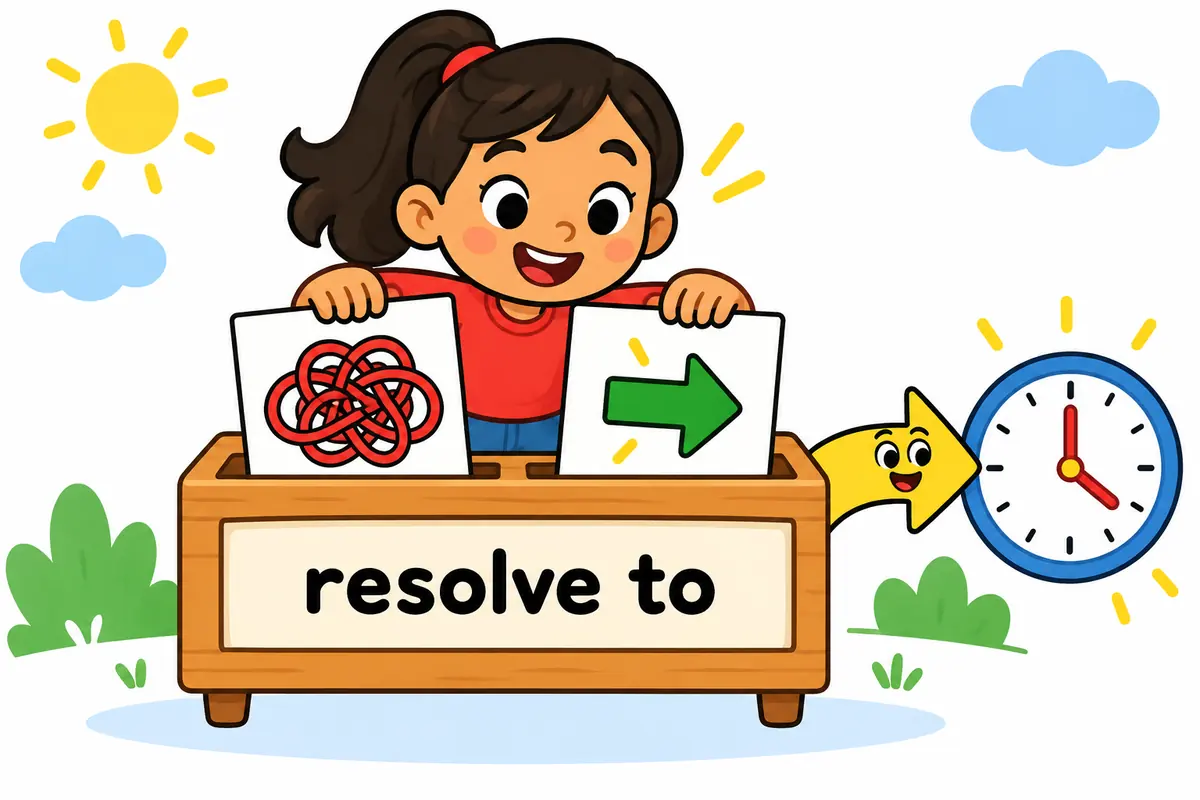Cartoon children slot a problem card and a return arrow card into a sentence frame beside the pattern resolve to.