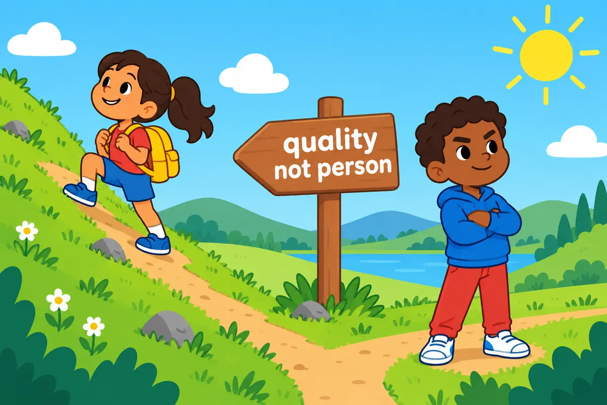 A single cartoon scene contrasts a determined child climbing a hill with another child showing a firmly folded-arms stance.