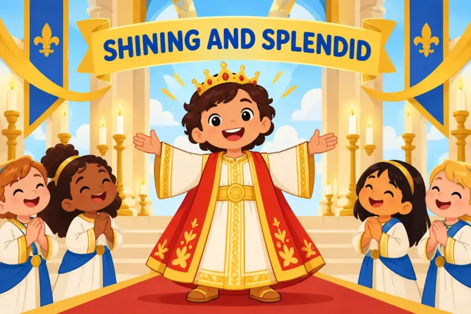 A cartoon child in a decorated hall glows with light, showing resplendent in a sentence as shining and splendid.