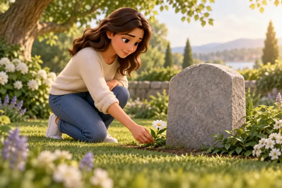 A visitor lays a single flower beside an unmarked memorial stone in a quiet garden.