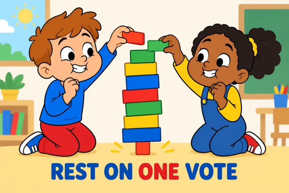 Cartoon pupils balance a tall block tower that rests on one small block, showing rest on in a sentence as depending on a single support.