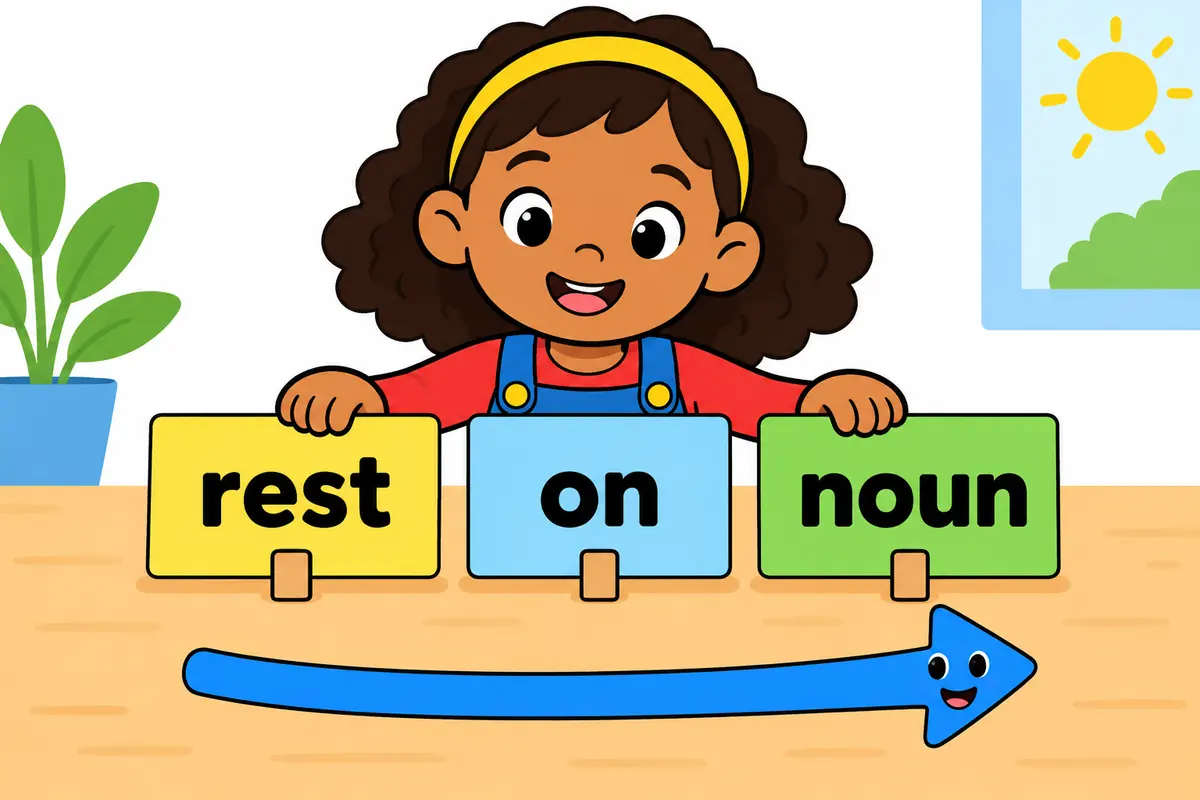 A cartoon child slots the word cards rest, on and noun into a row, showing the fixed pattern of rest on in a sentence.