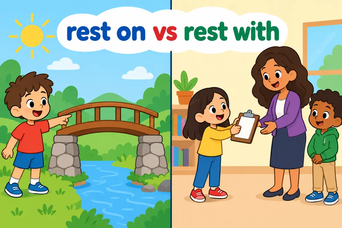 A cartoon split scene contrasts a bridge standing on pillars with one child handing a clipboard to another.