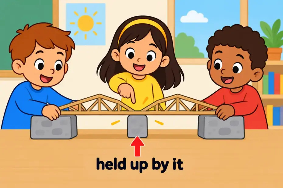 Cartoon children balance a model bridge on two stone blocks, showing rest upon in a sentence as support.