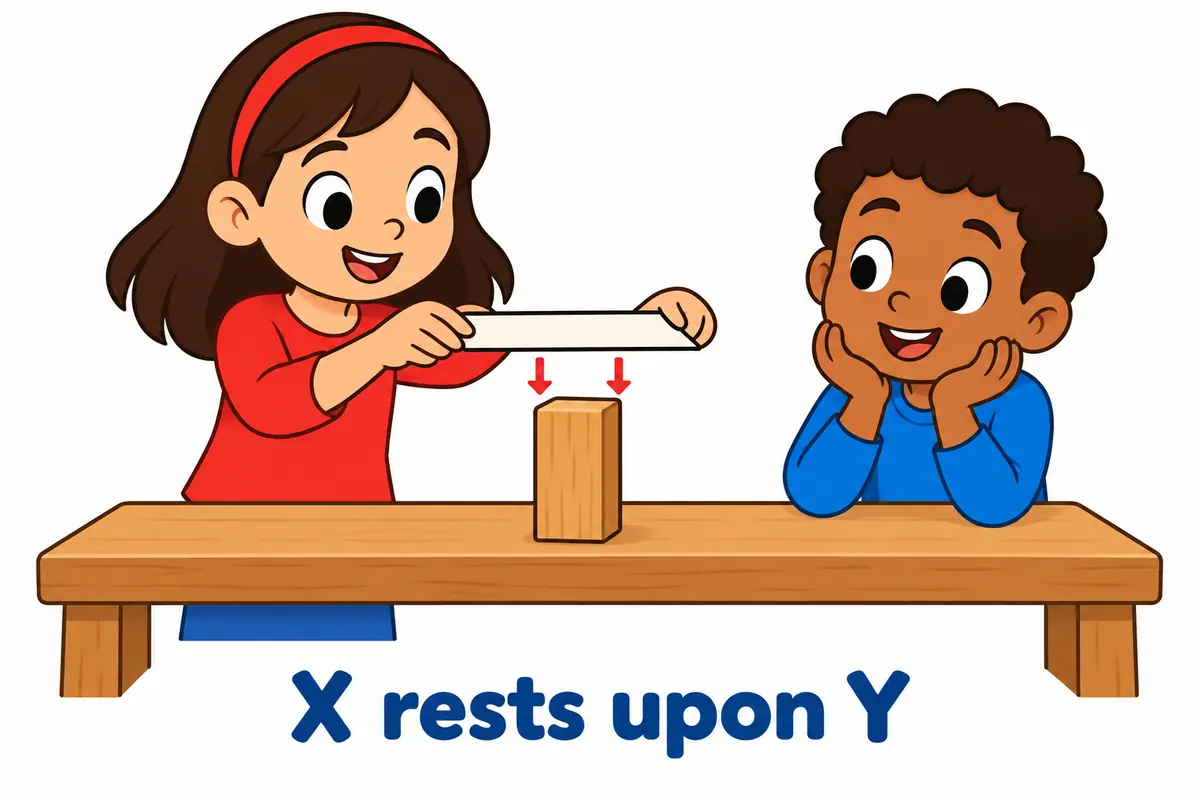 A cartoon child stacks a labelled card on top of a single supporting block to show the rest-upon order.