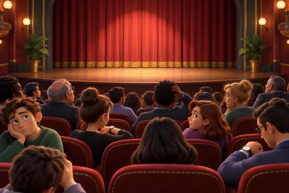 An audience shifts impatiently in seats while a stage remains empty.