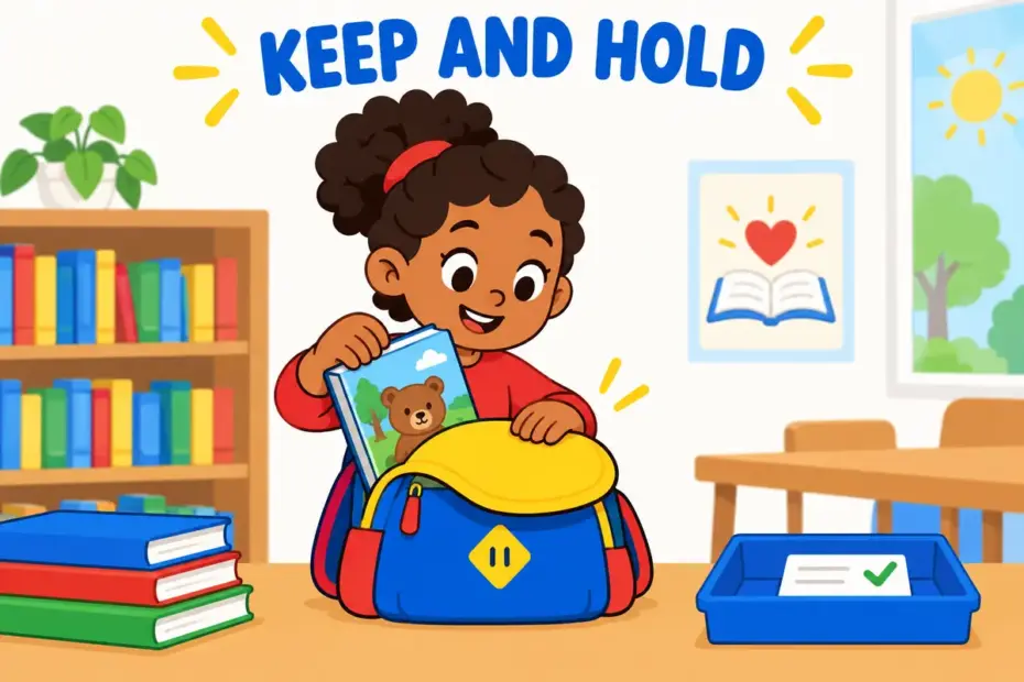 Cartoon child tucks a favourite book safely into a bag, showing retain in a sentence as keeping possession instead of losing it.