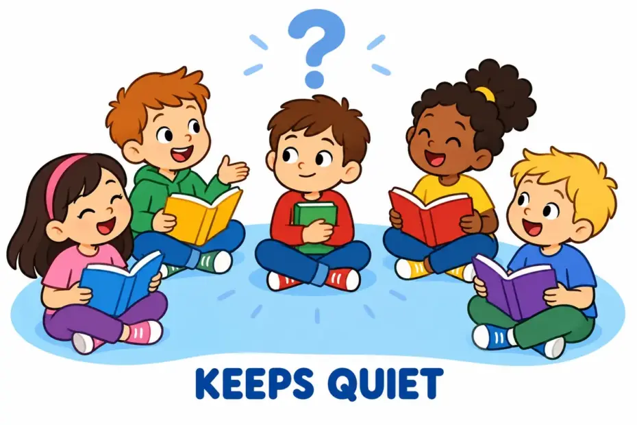 Cartoon children sit in a circle as one child stays silent with a closed book, illustrating reticent in a sentence.