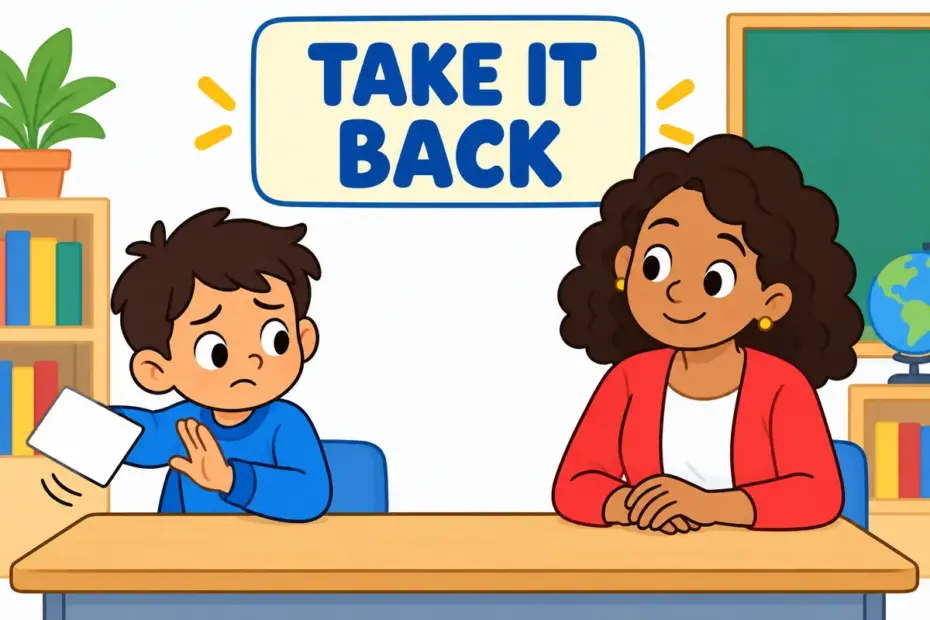 A pupil takes back an earlier claim, illustrating retract in a sentence as formally withdrawing words.