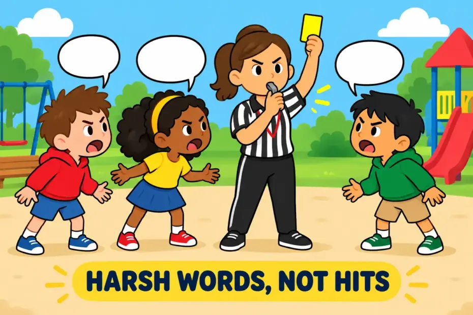 Cartoon children shout angry words at a referee, illustrating revile in a sentence as a harsh verbal attack.
