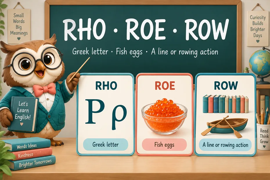 Rho is a Greek letter, roe can mean fish eggs, and row can mean a line or rowing action.
