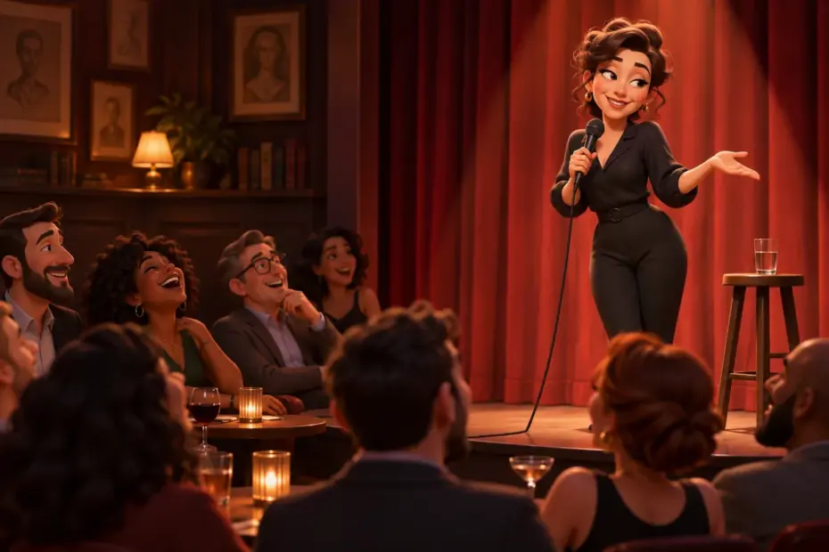 Adults listen to a comedian on a small theater stage during a cheeky but non-explicit performance.