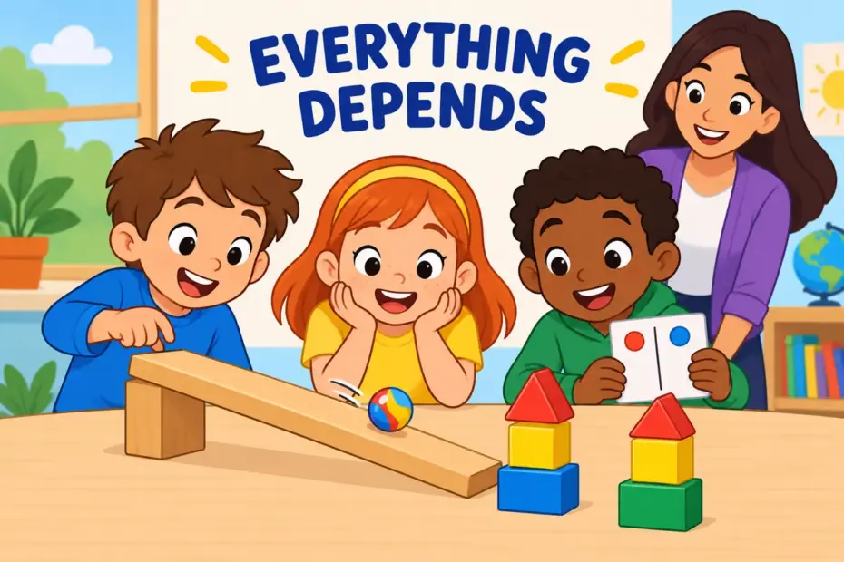 Cartoon children watch a single marble decide a contest of towers, showing ride on in a sentence as a whole result depending on one thing.