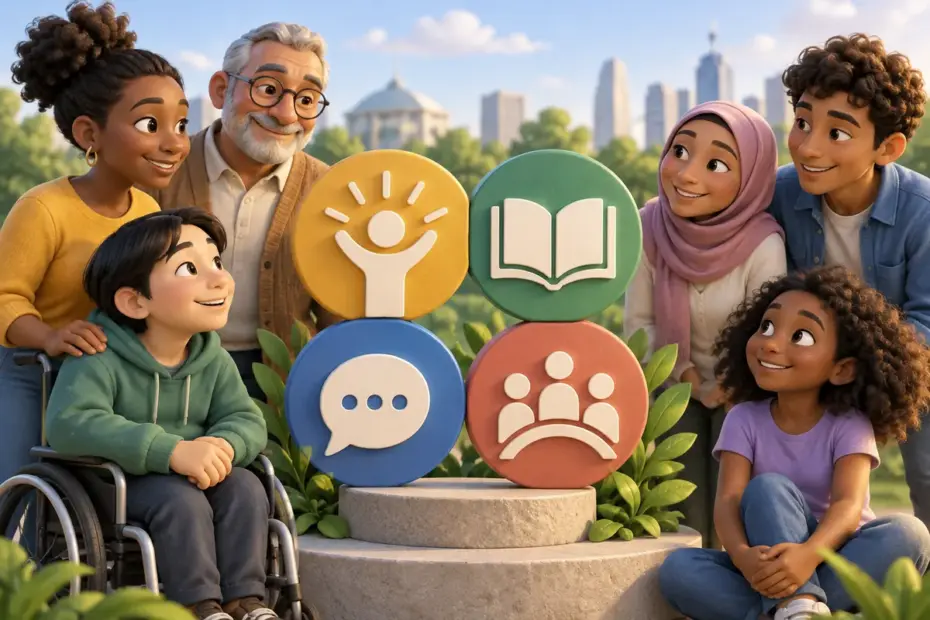 A diverse group stands together beside symbols of fairness, learning, and free expression.