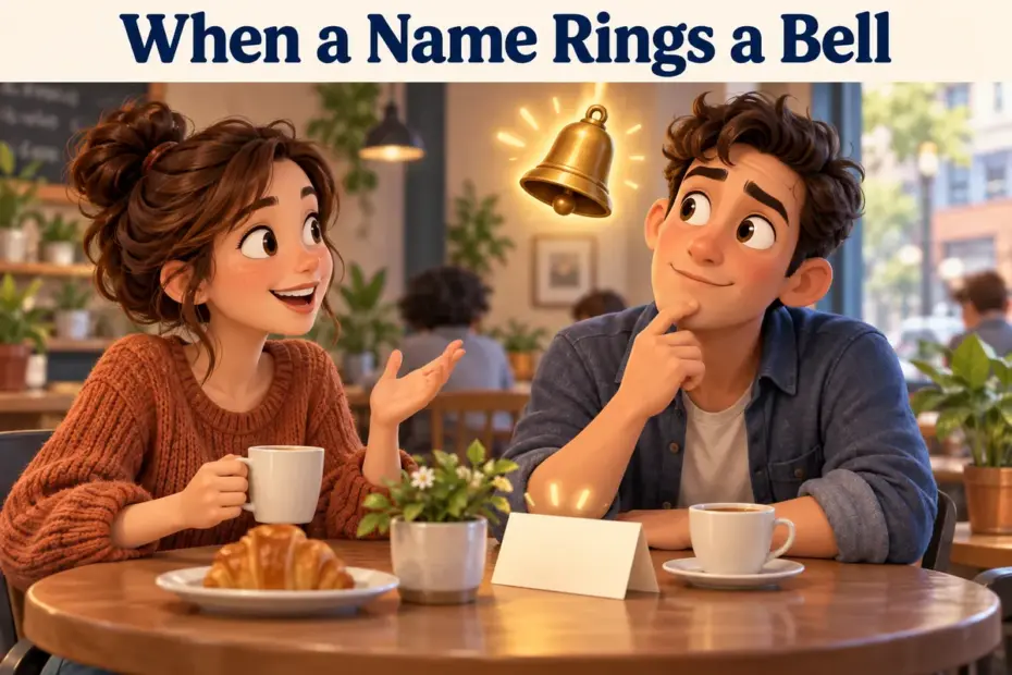 Two friends talk as one recognizes a name and a small bell icon glows nearby.
