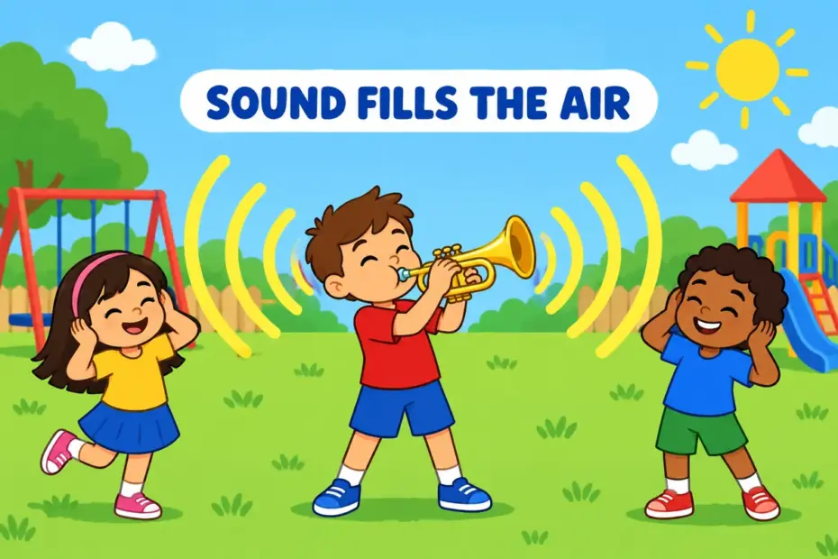 Cartoon children listen as a trumpet player makes notes ring out across the playground, showing ring out in a sentence.