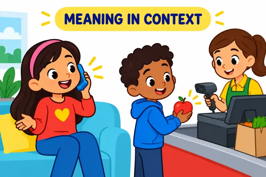 A cartoon scene shows ring up in a sentence through an everyday action that makes its meaning clear.
