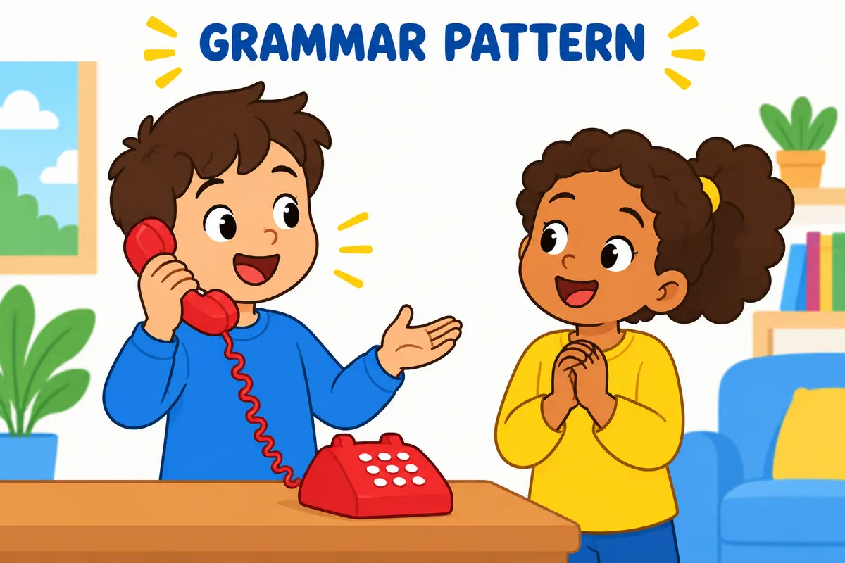 A cartoon scene illustrates the grammar of ring up in a familiar everyday situation.