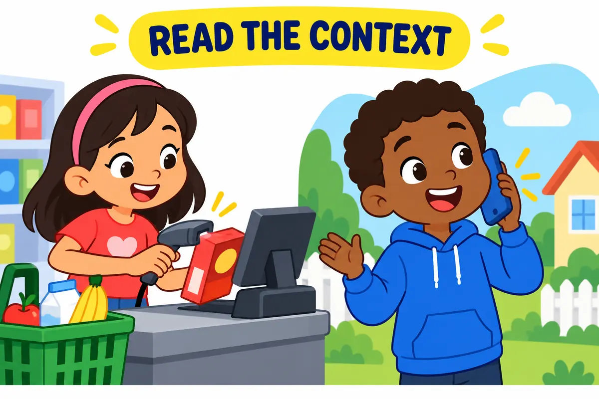 A cartoon comparison shows two contexts that clarify the meaning of ring up.