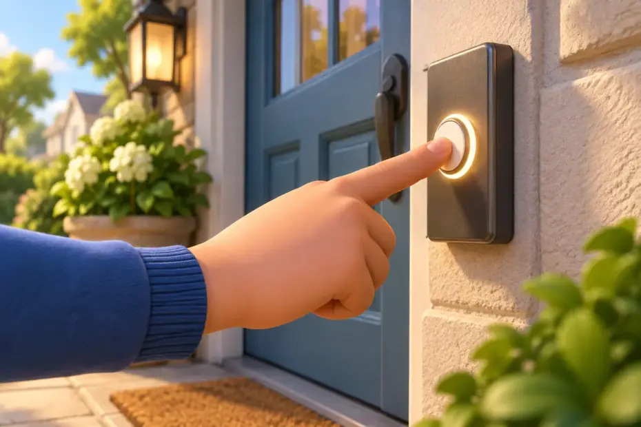 A hand presses a doorbell button beside a doorway.