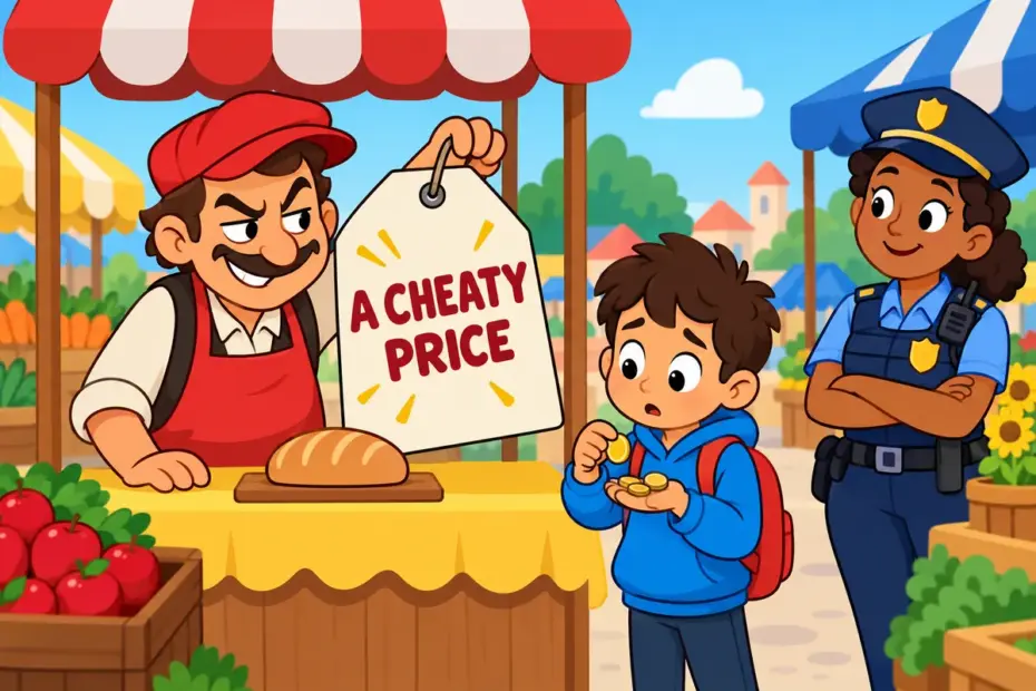 A cartoon trader charges a surprised shopper a huge price, showing rip off in a sentence as a dishonest deal.