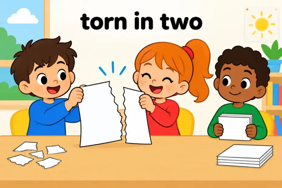 Cartoon children tear a large sheet of paper into pieces on a table, illustrating rip up in a sentence as tearing with force.