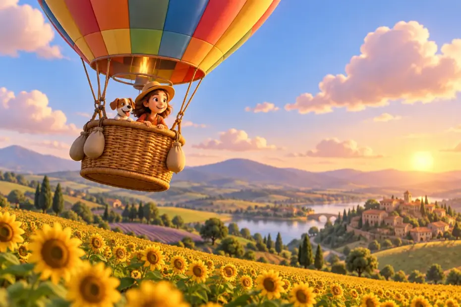A hot-air balloon lifting above a field.