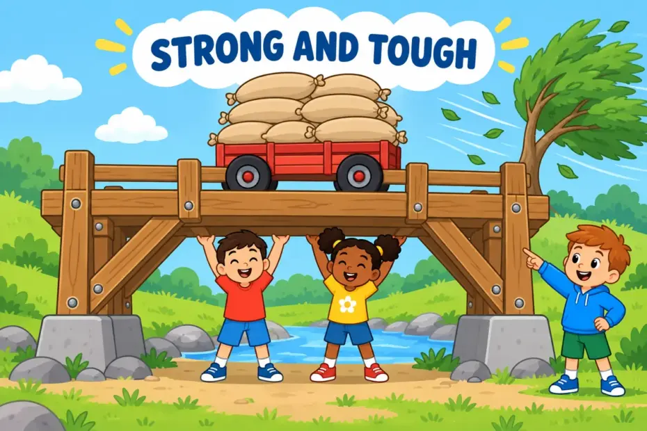 Cartoon children admire a robust wooden bridge carrying heavy crates, illustrating robust in a sentence as strength under load.