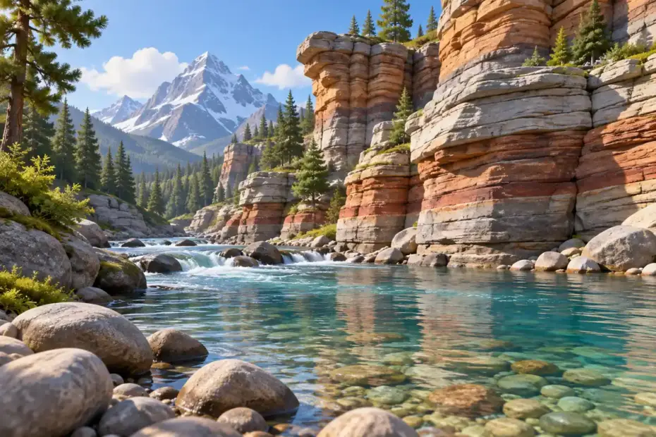 Layered rock formations rise above a clear mountain stream.