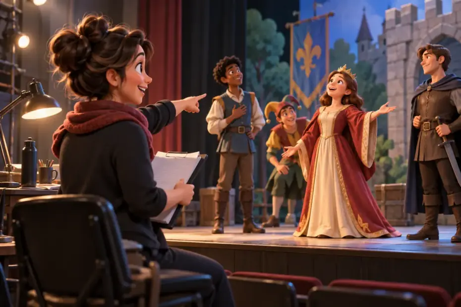 A theater group rehearses while a director points toward the stage.