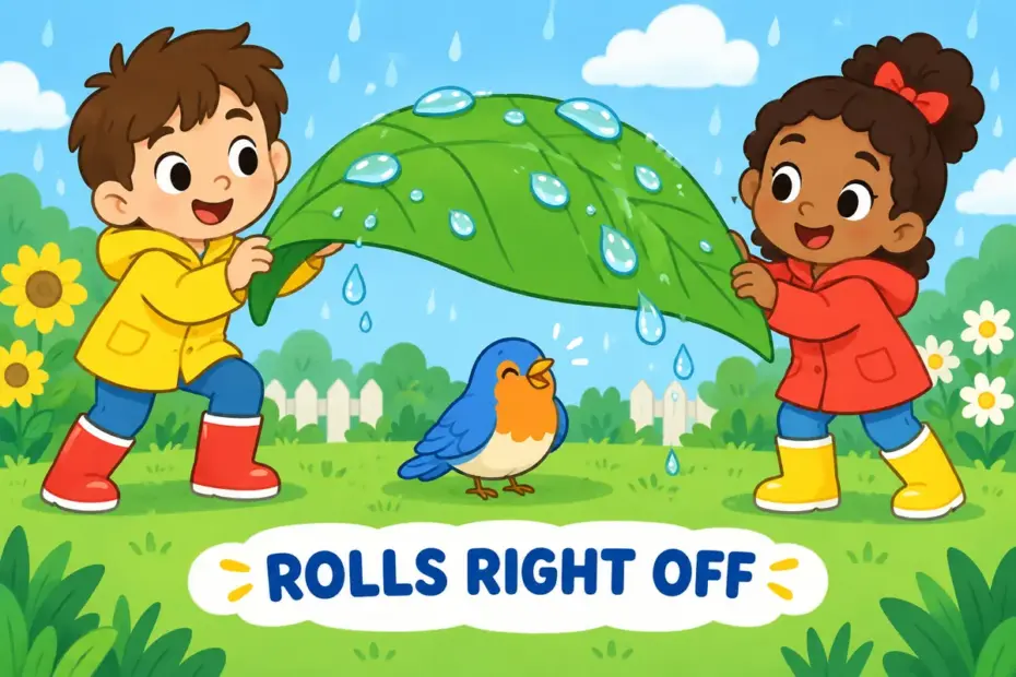 Cartoon children watch rain bead and slide from a large umbrella leaf, showing roll off in a sentence as moving away from a surface.