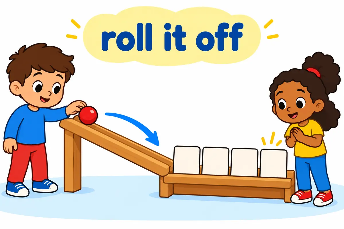 A cartoon child rolls a ball along a rail while word cards drop neatly into order beside them.