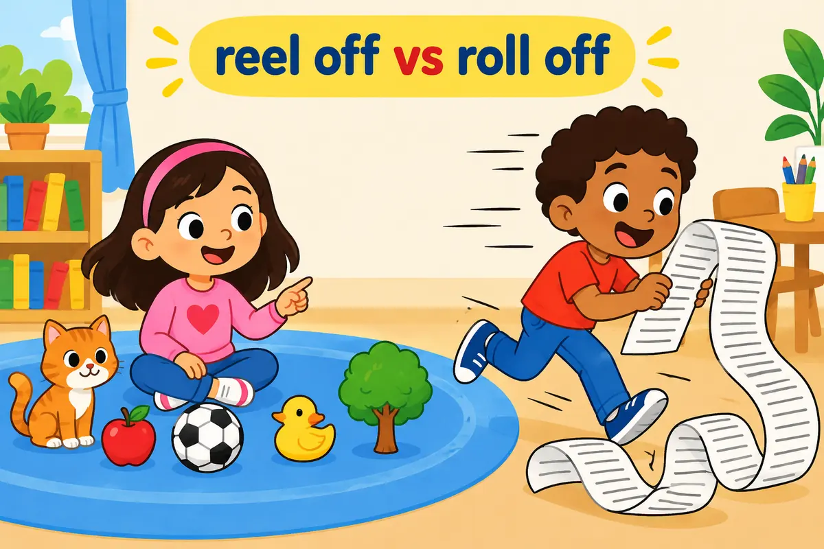 A single unified cartoon scene contrasts a child calmly naming items with a second child racing through a long list.