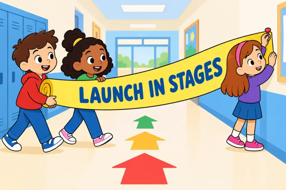 Cartoon children unroll a long banner across a classroom, showing roll out in a sentence as a staged launch.