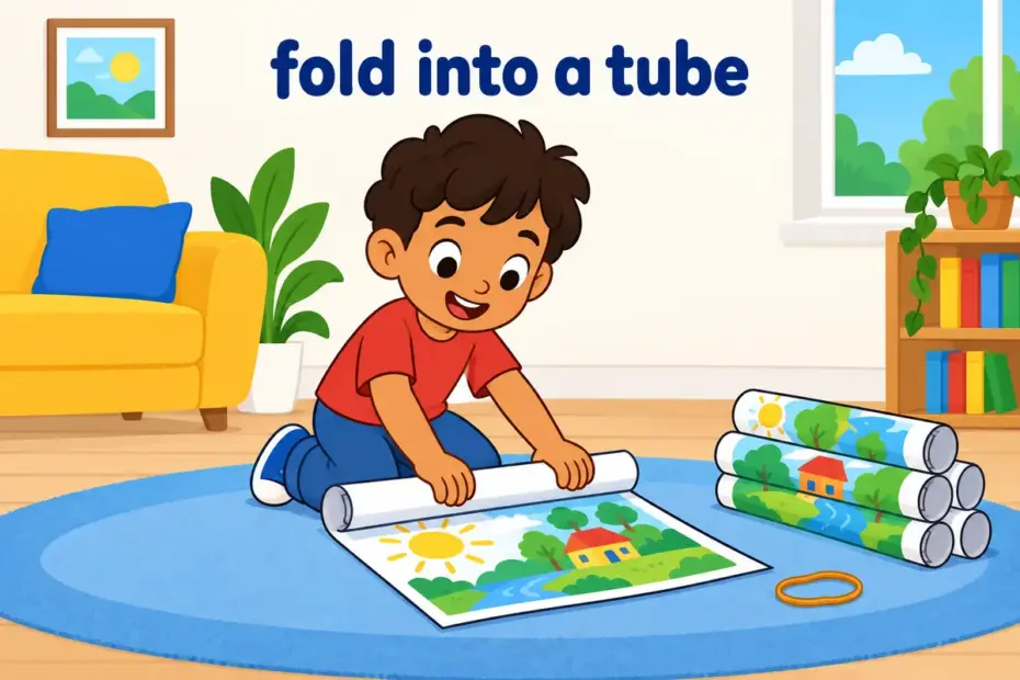 Cartoon child kneels on a floor and rolls up a large colourful poster into a tube, showing roll up in a sentence.