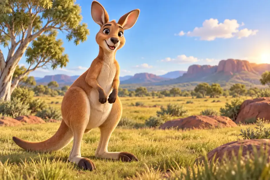 A kangaroo stands on sunlit open grassland.